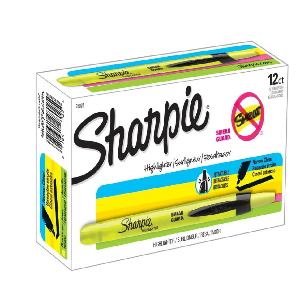 Sharpie Retractable Highlighters, Fluorescent Yellow, Pack Of 12