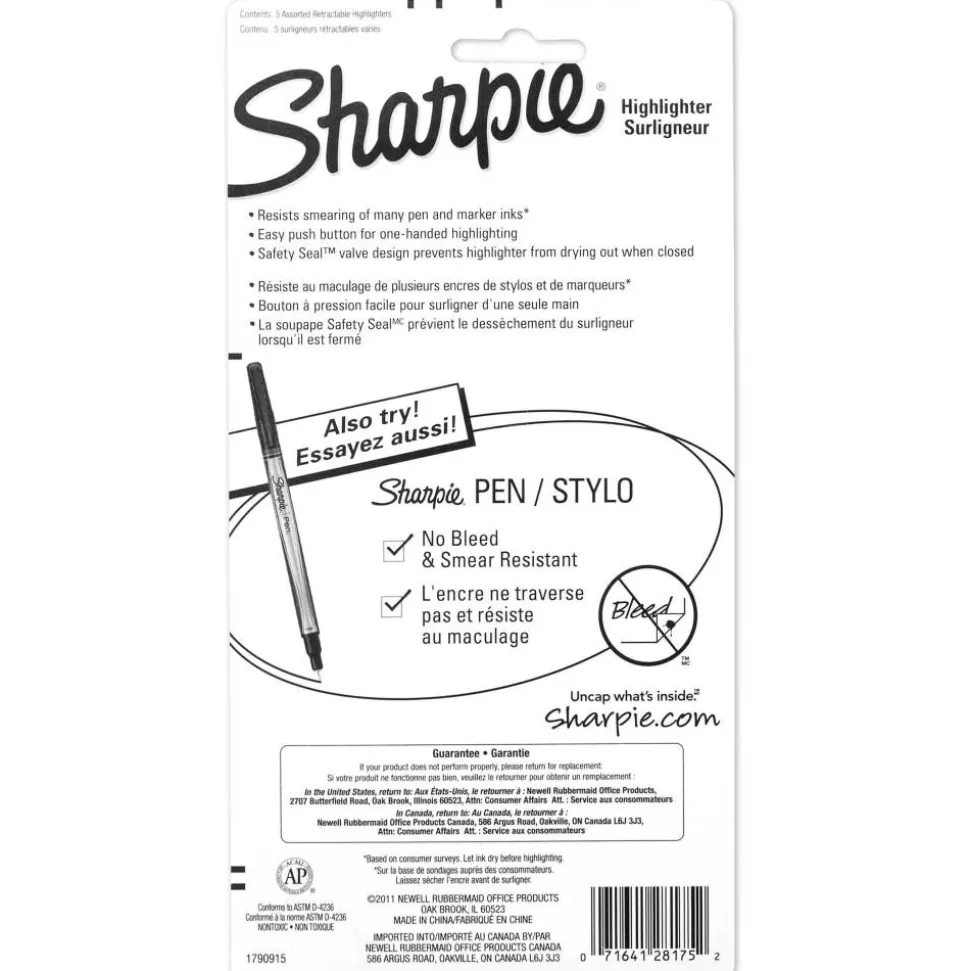 Sharpie Retractable Highlighters, Assorted Colors, Pack Of 5