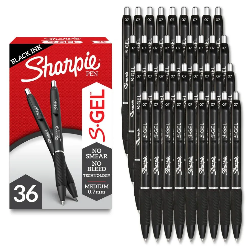 Sharpie S Gel Pens, Medium Point, 0.7 mm, Black Barrel, Black Ink, Pack Of 36 Pens