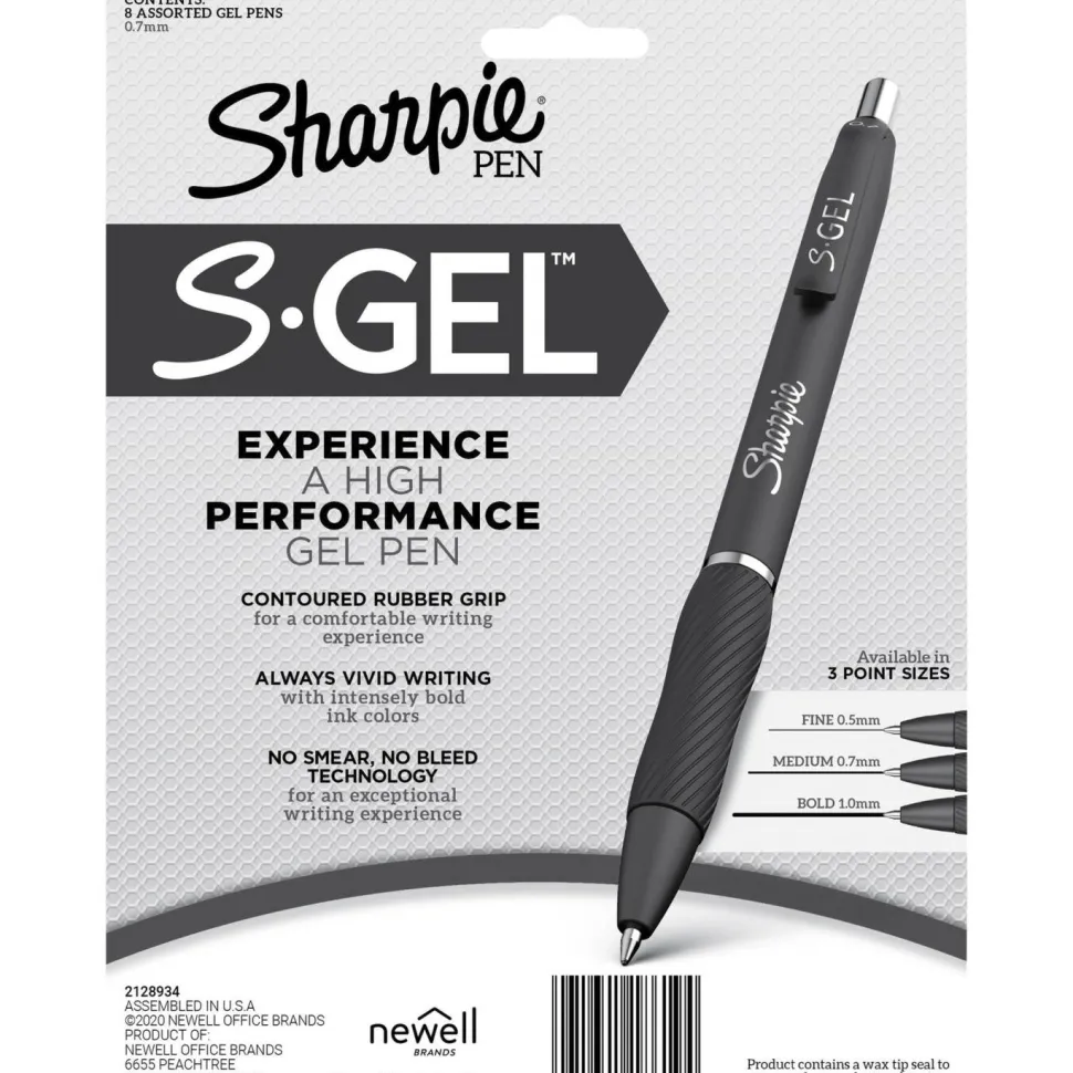 Sharpie S Gel Pens, Medium Point, 0.7 mm, Black Barrel, Assorted Ink, Pack Of 8 Pens
