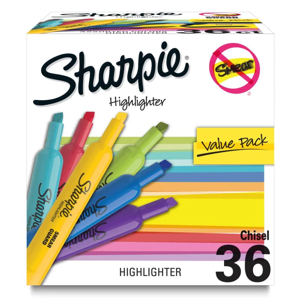 Sharpie Tank Highlighters, Chisel Tip, Assorted Color Highlighters, Value Pack, 36 Count