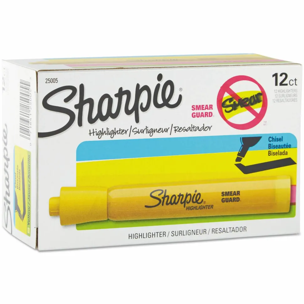 Sharpie Tank Style Highlighters, Chisel Tip, Yellow, Box of 12