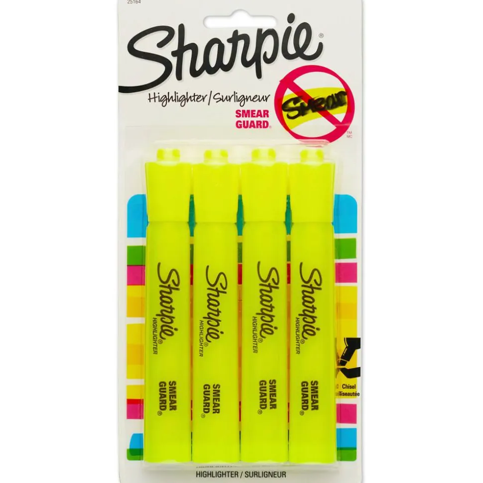 Sharpie Tank-Style Highlighters, Fluorescent Yellow, Pack Of 4