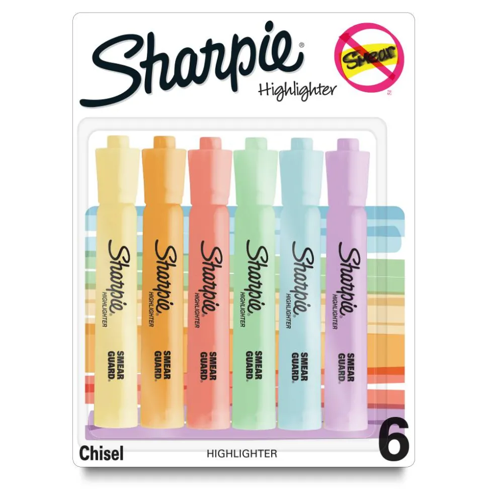 Sharpie Tank-Style Highlighters, Chisel Tip, Mild Pastel Barrels, Mild Pastel Inks, Pack Of 6 Highlighters