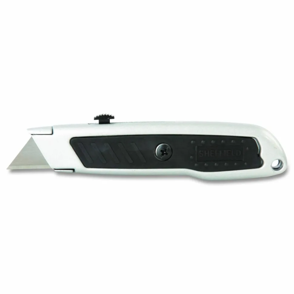Sheffield Retractable Utility Knife, 1.25" Blade, 3.5" Plastic Handle, Black/Gray