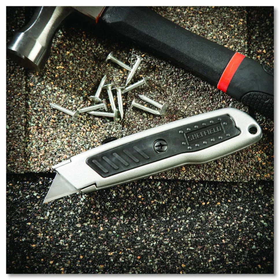 Sheffield Retractable Utility Knife, 1.25" Blade, 3.5" Plastic Handle, Black/Gray