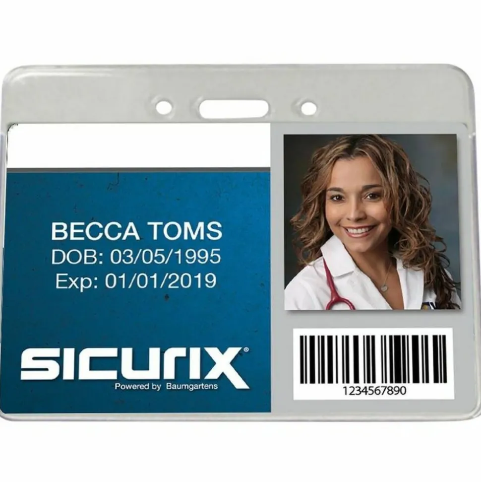 SICURIX Badge Holder - Support 3.50" x 2.37" Media - Horizontal - Vinyl - Clear - 50 / Pack