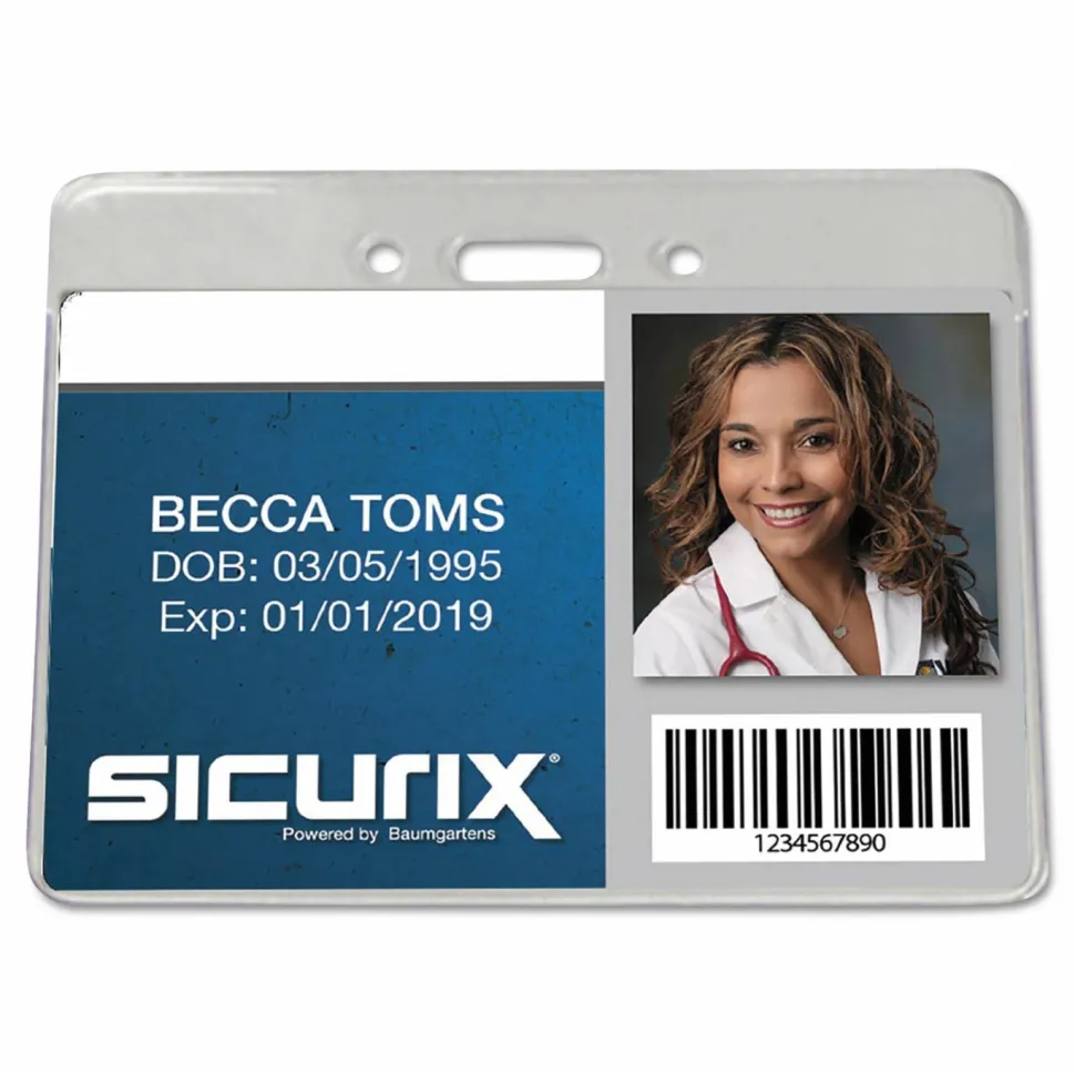 SICURIX Badge Holder - Support 3.50" x 2.37" Media - Horizontal - Vinyl - Clear - 50 / Pack
