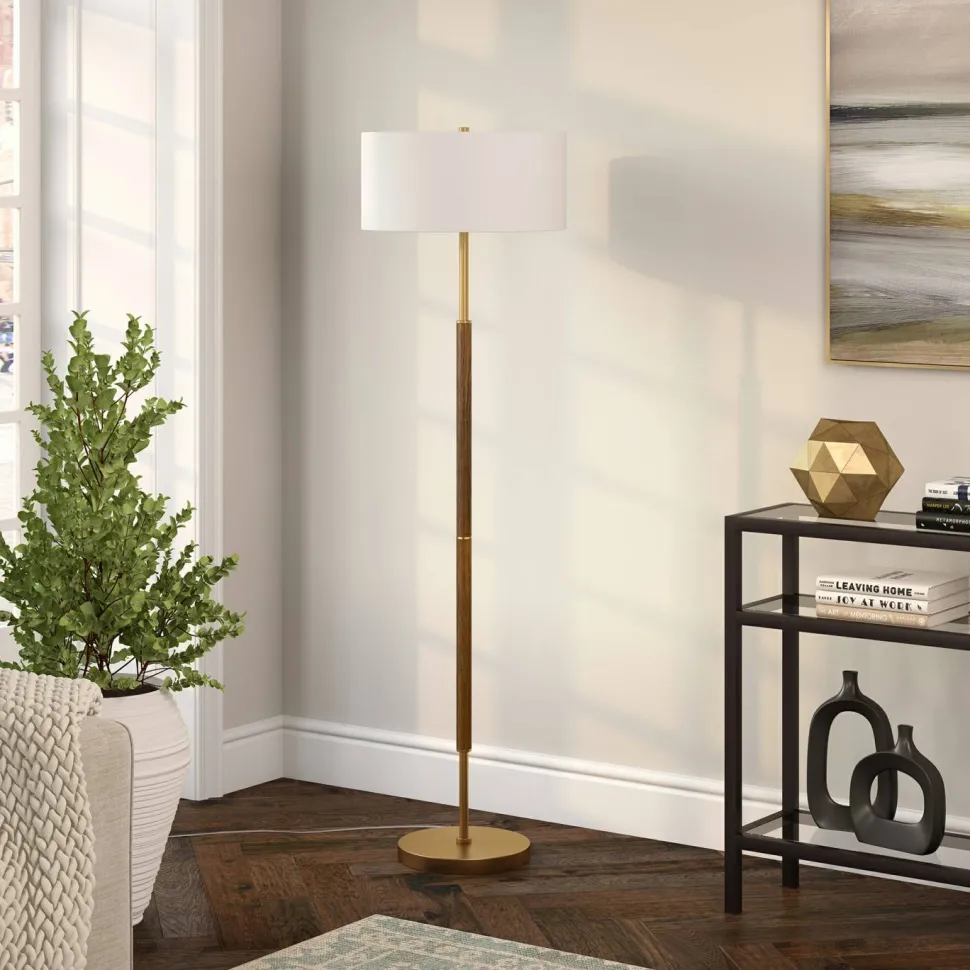 Simone 2-Light Floor Lamp with Fabric Shade in Rustic Oak/Brass/White