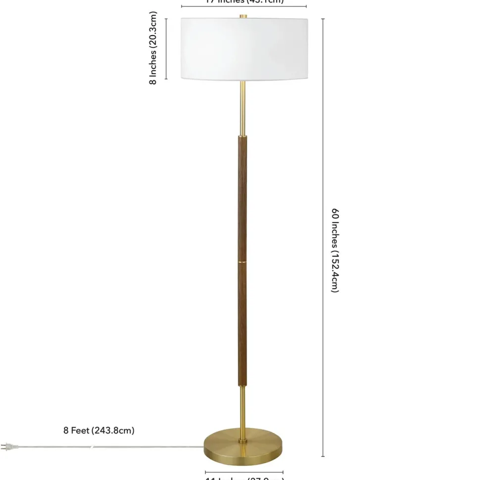 Simone 2-Light Floor Lamp with Fabric Shade in Rustic Oak/Brass/White