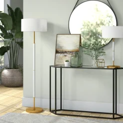 Simone 2-Light Floor Lamp with Fabric Shade in Matte White/Brass /White