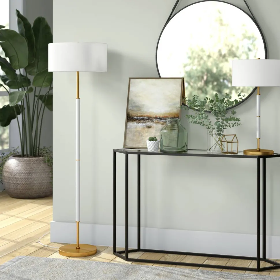 Simone 2-Light Floor Lamp with Fabric Shade in Matte White/Brass /White