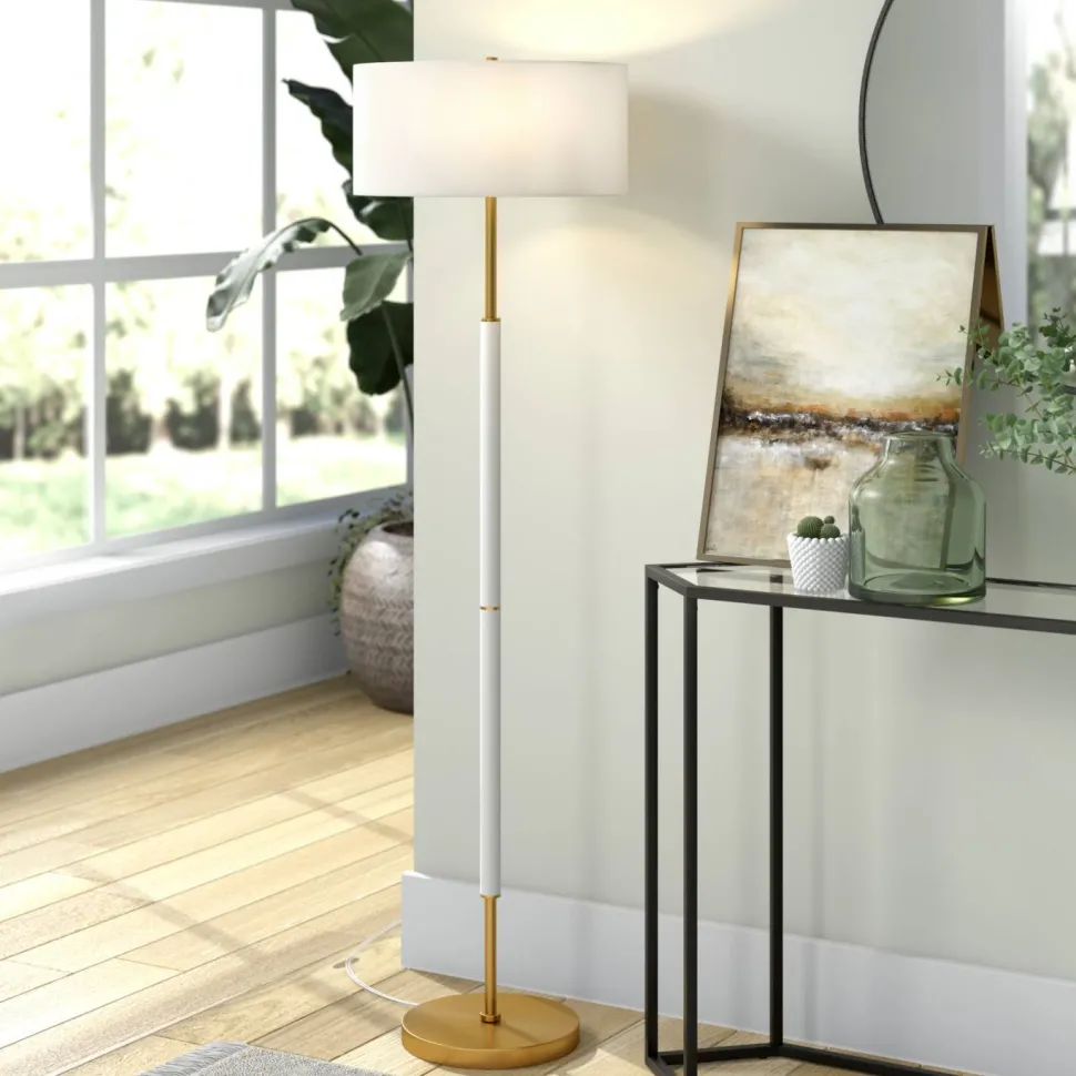 Simone 2-Light Floor Lamp with Fabric Shade in Matte White/Brass /White