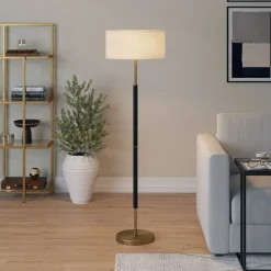 Simone 2-Light Floor Lamp with Fabric Shade in Matte Black/Brass/White