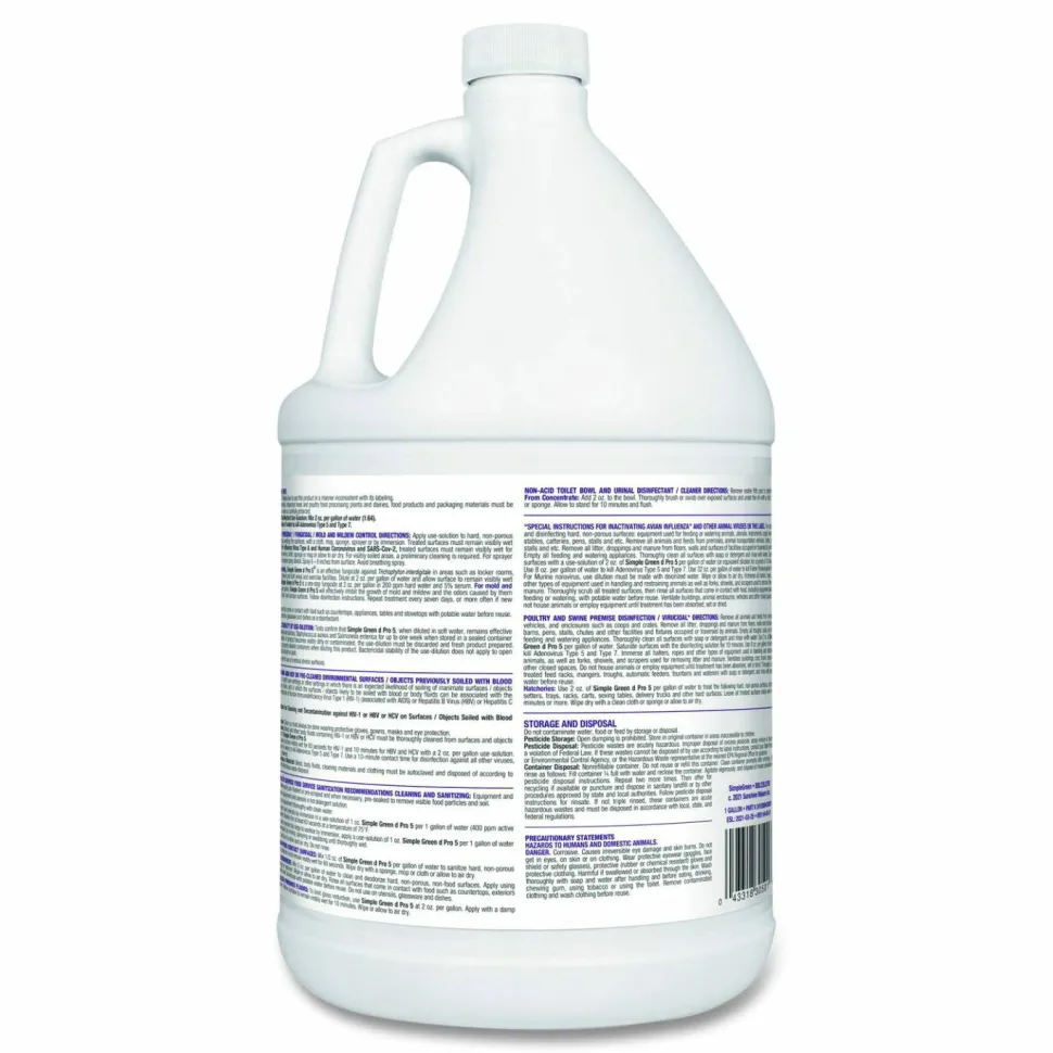 Simple Green d Pro 5 Disinfectant, Unscented, 1 gal Bottle, 4/Carton