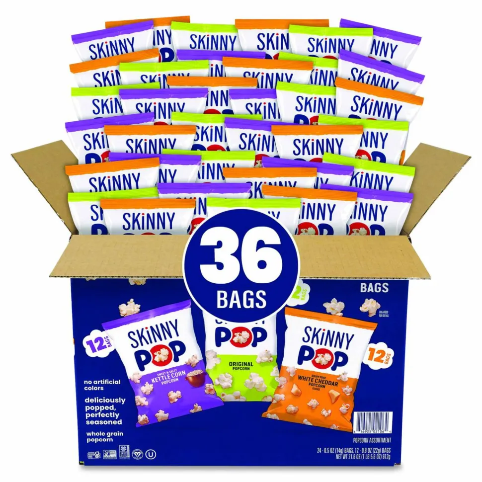 SkinnyPop Popcorn Variety Snack Pack, 0.5 oz Bag, 36 Bags/Carton