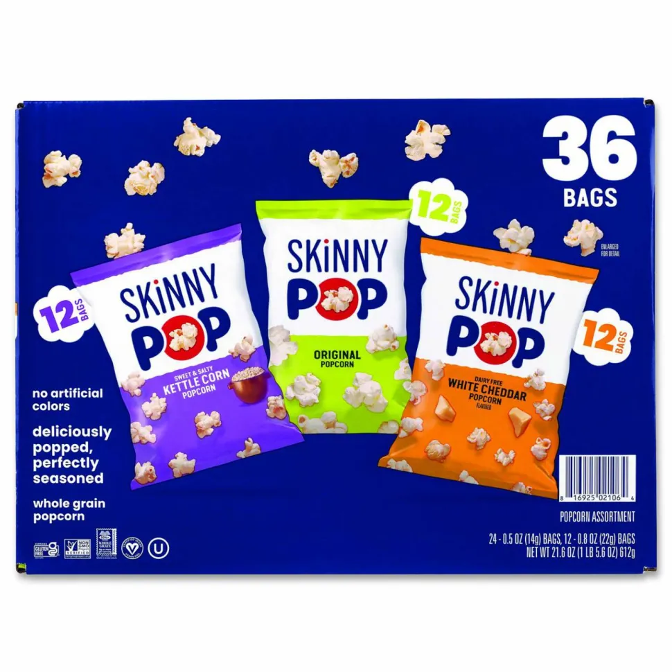 SkinnyPop Popcorn Variety Snack Pack, 0.5 oz Bag, 36 Bags/Carton