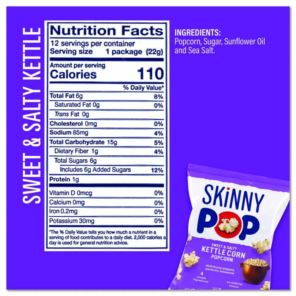 SkinnyPop Popcorn Variety Snack Pack, 0.5 oz Bag, 36 Bags/Carton