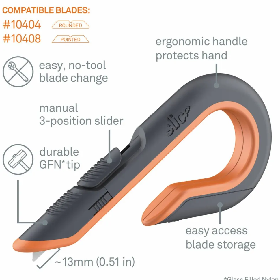 slice Box Cutters, Double Sided, Replaceable, 1.29" Carbon Steel Blade, 7" Nylon Handle, Gray/Orange