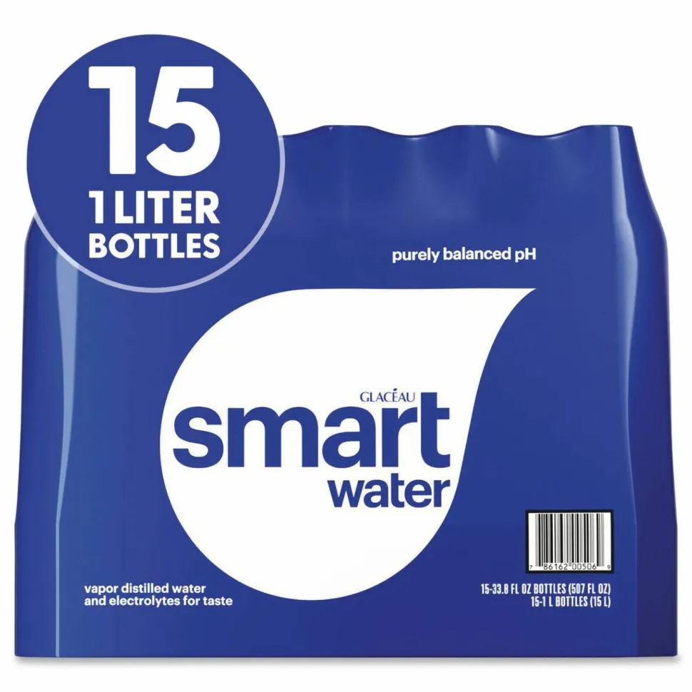 smartwater Vapor-Distilled Water, Unflavored, 33.8 oz Bottle, 15/Carton