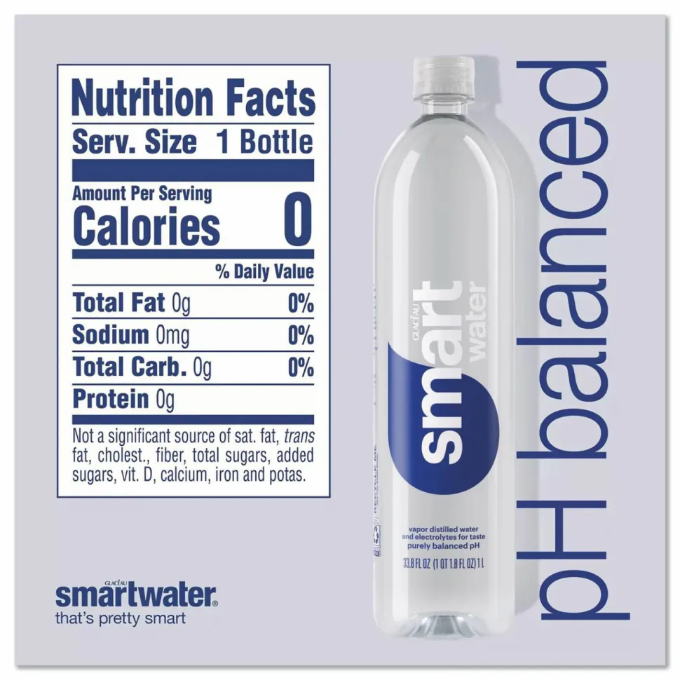 smartwater Vapor-Distilled Water, Unflavored, 33.8 oz Bottle, 15/Carton