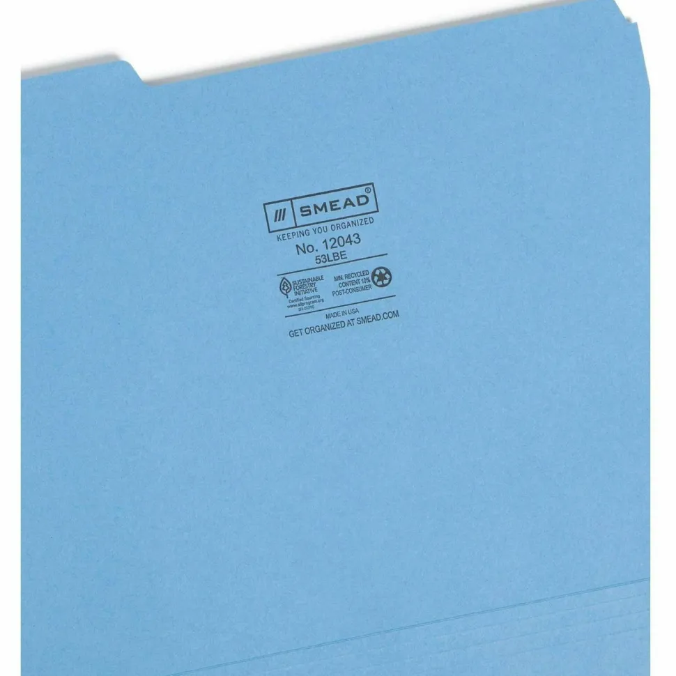 Smead Color File Folders, Letter Size, 1/3 Cut, Blue, Box Of 100 (12043)