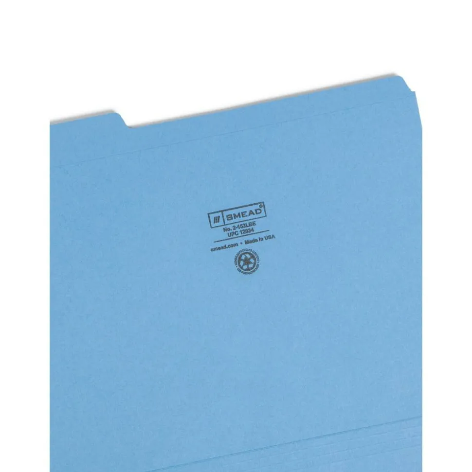 Smead Color File Folders, With Reinforced Tabs, Letter Size, 1/3 Cut, Blue, Box Of 100