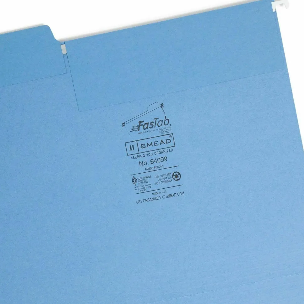 Smead FasTab Hanging File Folders, Letter Size, Blue, Box Of 20
