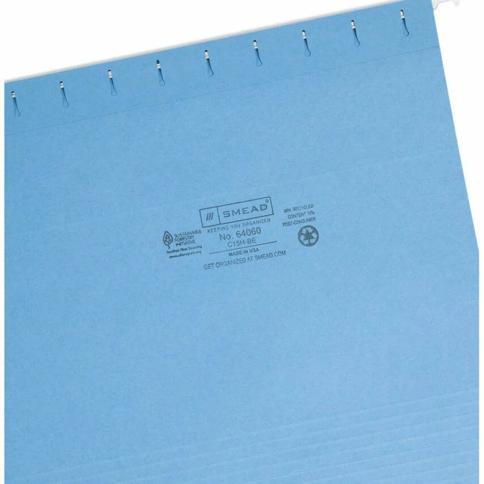 Smead Hanging File Folders, 1/5-Cut Adjustable Tab, Letter Size, Blue, Box Of 25