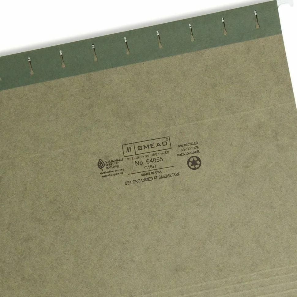 Smead Premium-Quality Hanging Folders, 1/5-Cut Tabs, Letter Size, Standard Green, Pack Of 25 Folders
