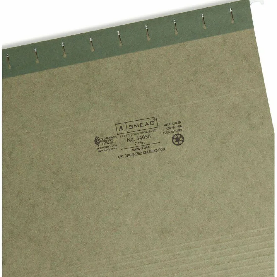 Smead Premium-Quality Hanging Folders, 1/5-Cut Tabs, Letter Size, Standard Green, Pack Of 25 Folders