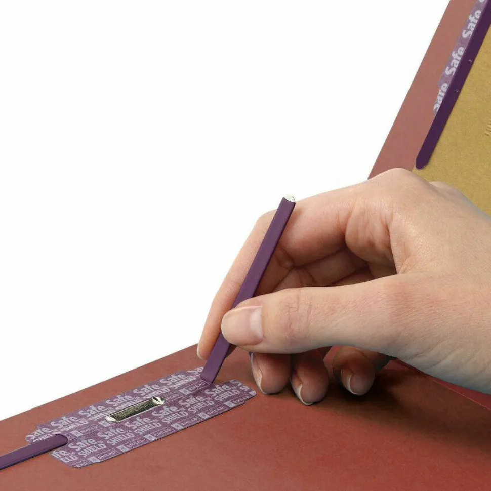 Smead Pressboard Classification Folders, 2 Dividers, 2" Expansion, 2/5 Cut, Letter Size, 100% Recycled, Red, Pack Of 10