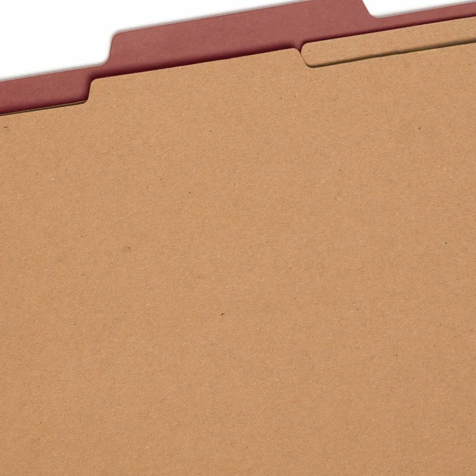 Smead Pressboard Classification Folders, 2 Dividers, 2" Expansion, 2/5 Cut, Letter Size, 100% Recycled, Red, Pack Of 10