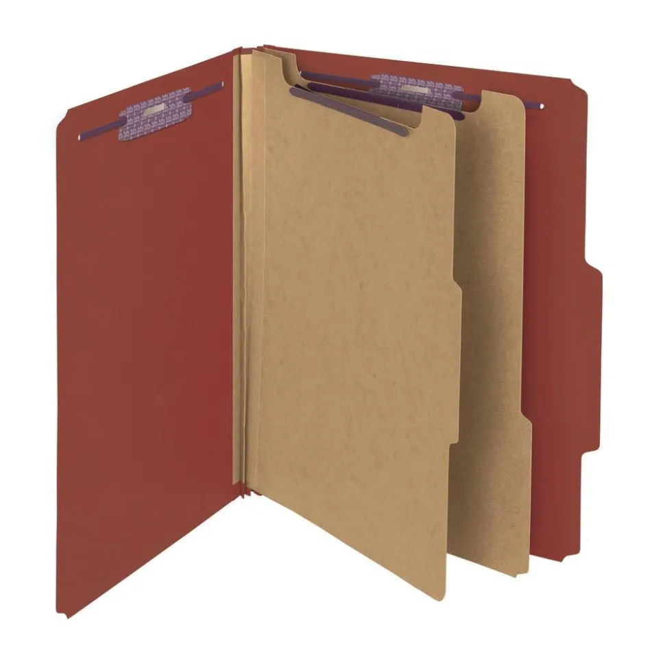 Smead Pressboard Classification Folders, 2 Dividers, 2" Expansion, 2/5 Cut, Letter Size, 100% Recycled, Red, Pack Of 10