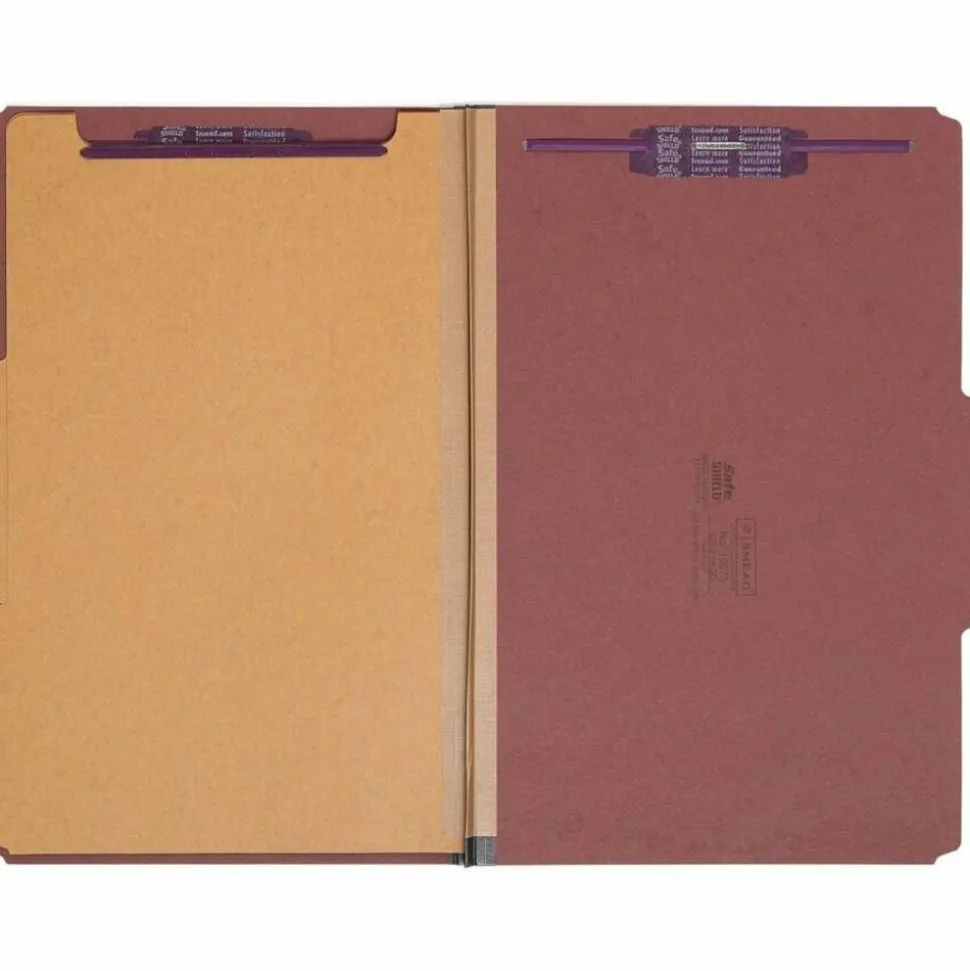 Smead Pressboard Classification Folders, 2/5-Cut Tab, Expands 2", 2 Dividers, 6 SafeSHIELD Fasteners, Legal Size, Red, 10/Box