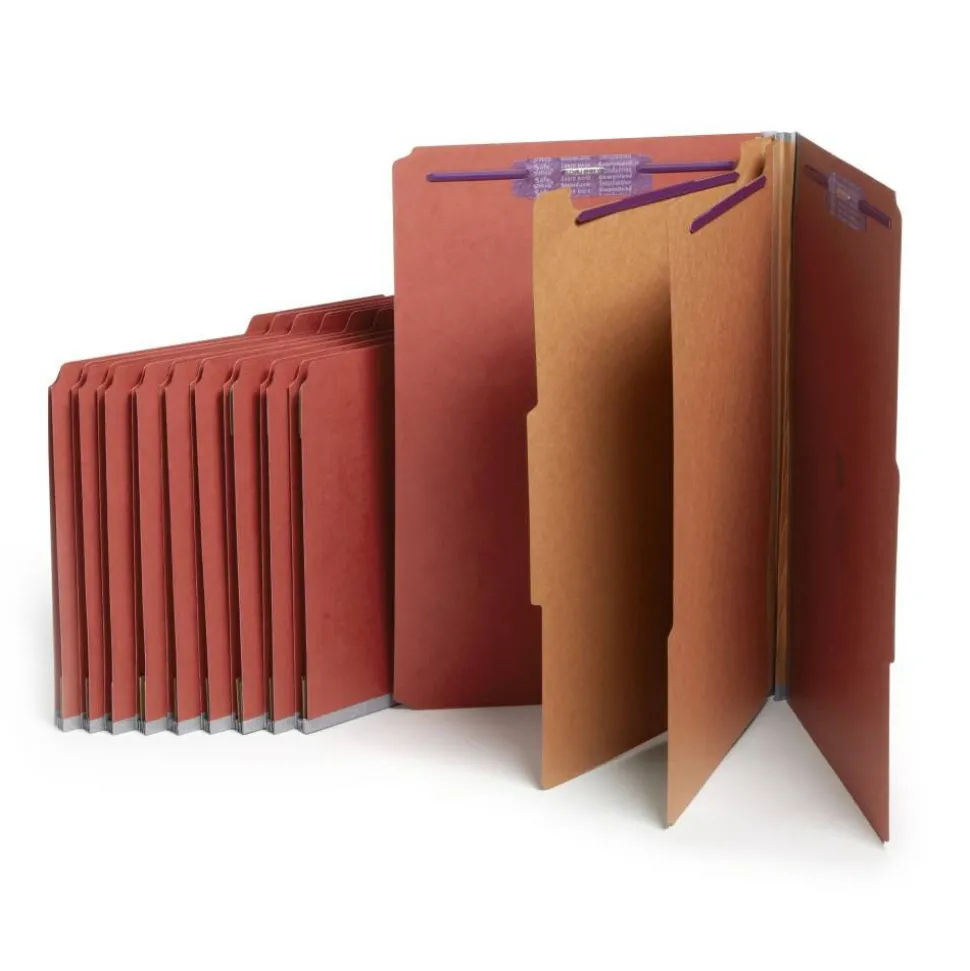 Smead Pressboard Classification Folders, 2/5-Cut Tab, Expands 2", 2 Dividers, 6 SafeSHIELD Fasteners, Legal Size, Red, 10/Box
