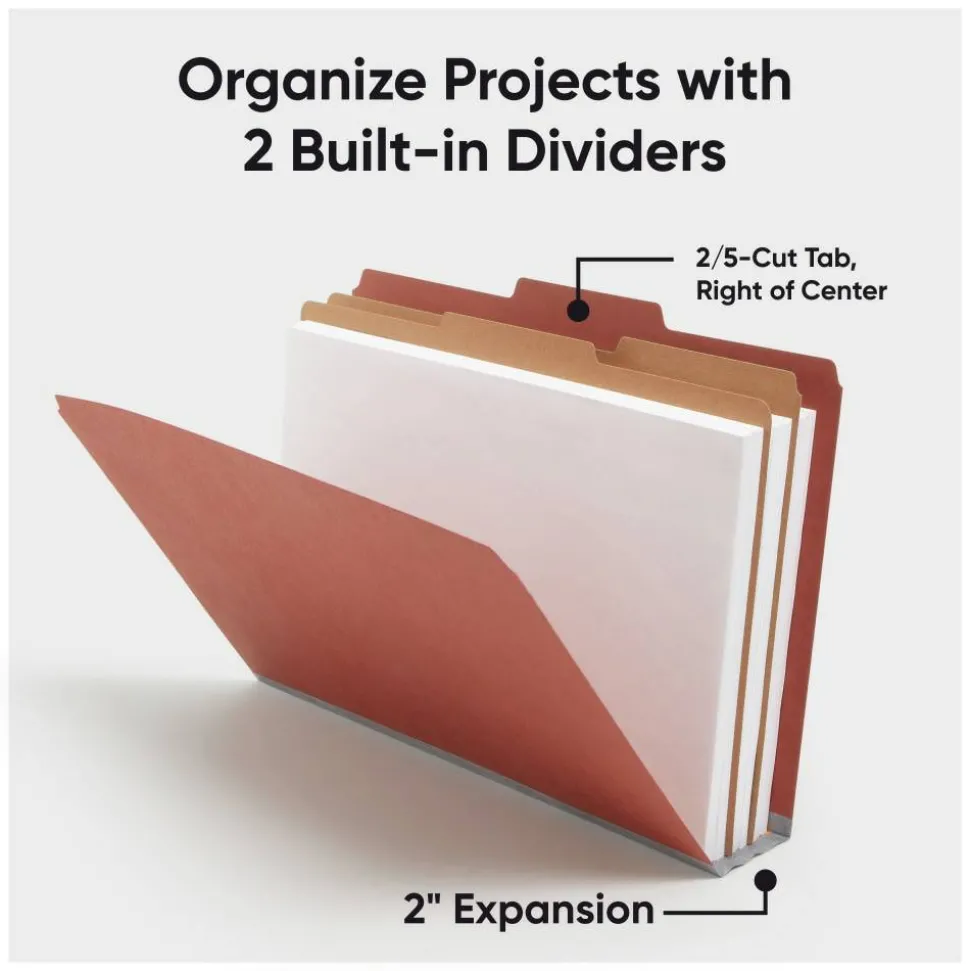 Smead Pressboard Classification Folders, 2/5-Cut Tab, Expands 2", 2 Dividers, 6 SafeSHIELD Fasteners, Legal Size, Red, 10/Box