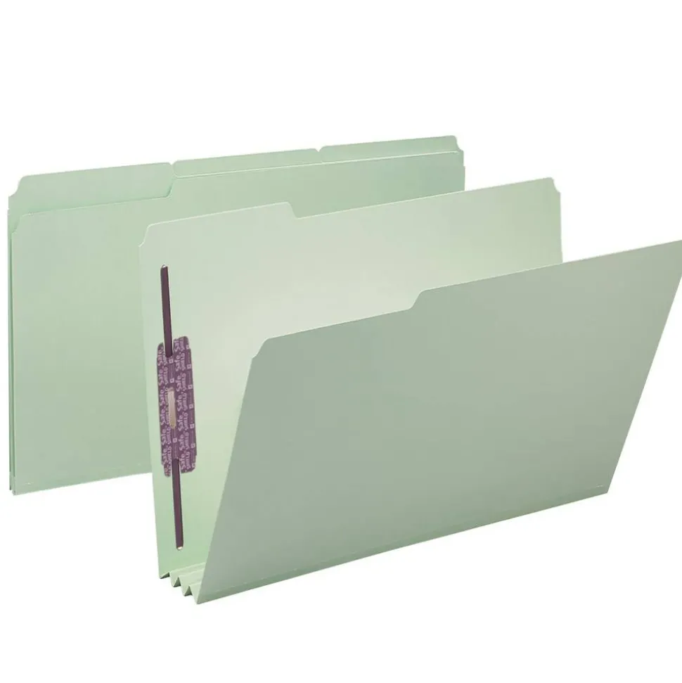Smead Pressboard Fastener Folders With SafeSHIELD Fasteners, 3" Expansion, Legal Size, 100% Recycled, Gray/Green, Box Of 25