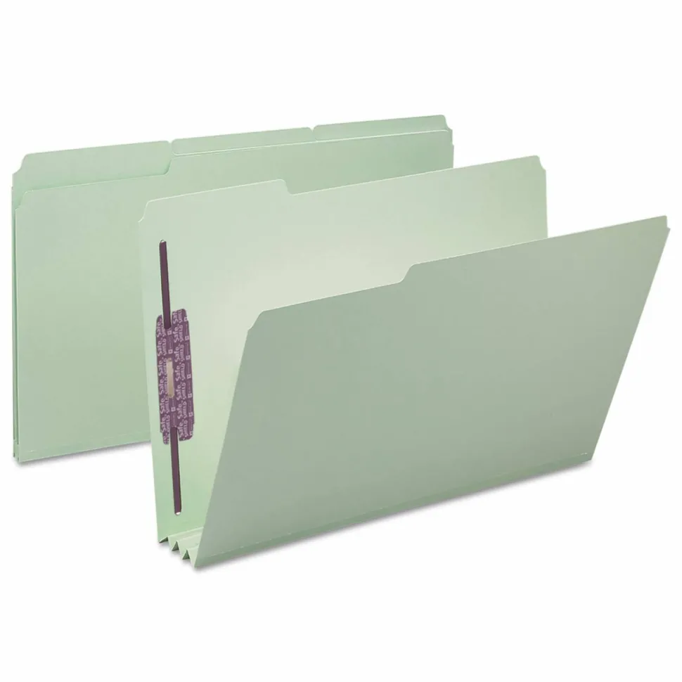 Smead Pressboard Fastener Folders With SafeSHIELD Fasteners, 3" Expansion, Legal Size, 100% Recycled, Gray/Green, Box Of 25