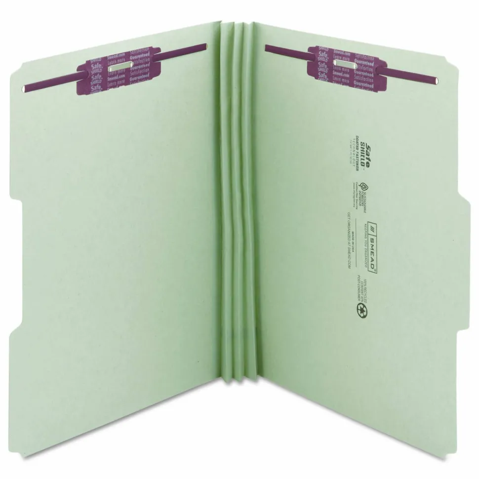 Smead Pressboard Fastener Folders With SafeSHIELD Fasteners, 3" Expansion, Legal Size, 100% Recycled, Gray/Green, Box Of 25