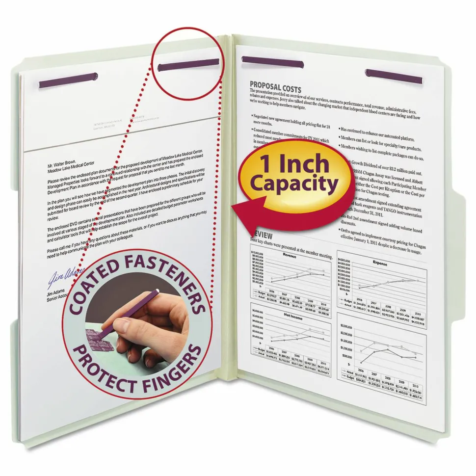 Smead Pressboard Fastener Folders With SafeSHIELD Fasteners, 1" Expansion, Letter Size, 100% Recycled, Gray/Green, Box Of 25