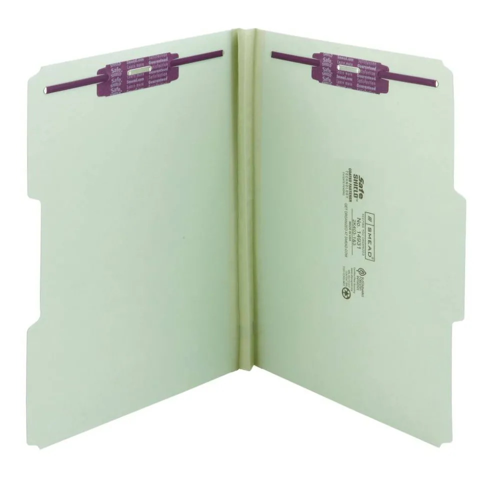 Smead Pressboard Fastener Folders With SafeSHIELD Fasteners, 1" Expansion, Letter Size, 100% Recycled, Gray/Green, Box Of 25