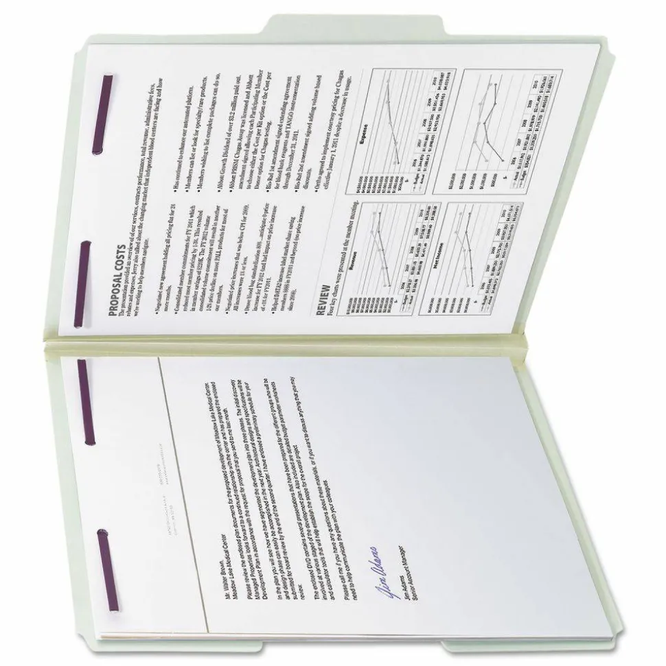 Smead Pressboard Fastener Folders With SafeSHIELD Fasteners, 1" Expansion, Letter Size, 100% Recycled, Gray/Green, Box Of 25