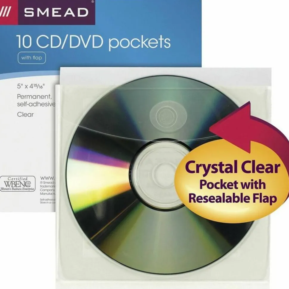 Smead Self-Adhesive CD/DVD Pockets, 4.9"H x 5"W, Clear, Poly, 10 / Pack