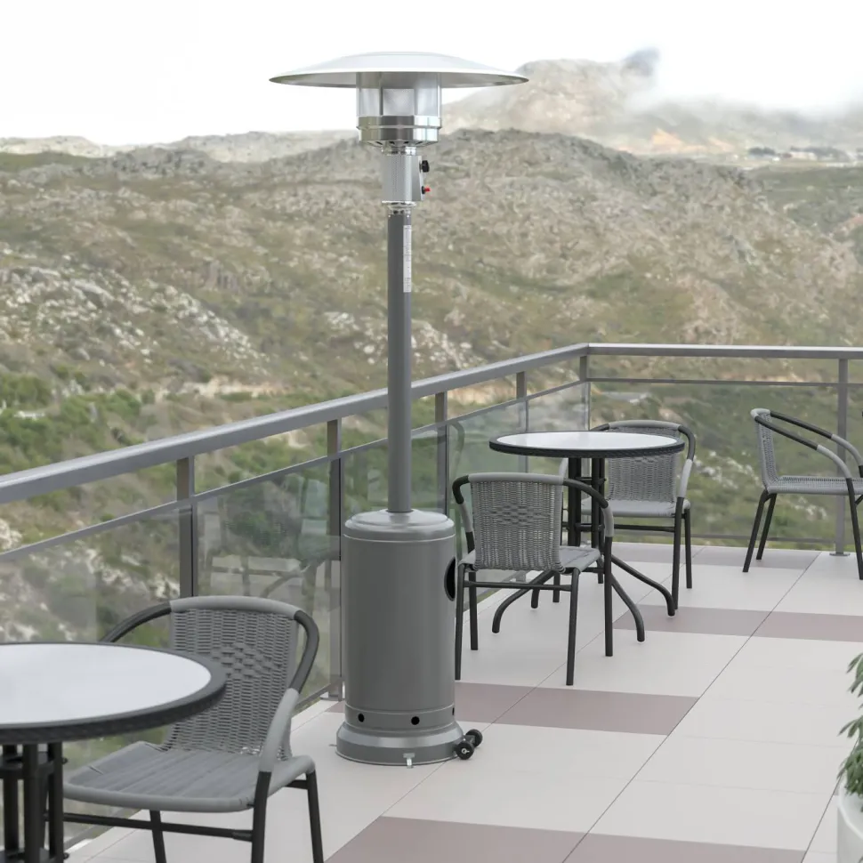 Sol Patio Outdoor Heating-Silver Stainless Steel 40,000 BTU Propane Heater with Wheels-Commercial & Residential Use-7.5 Feet Tall