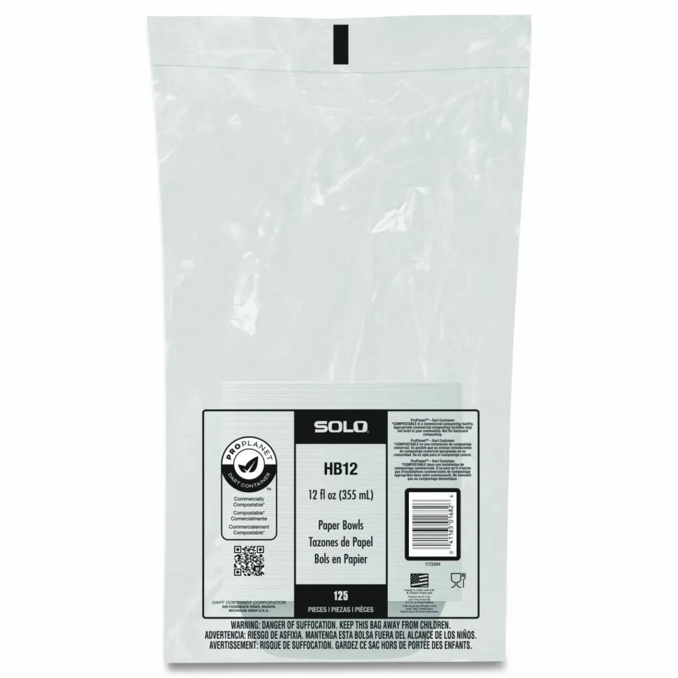 SOLO Paper Dinnerware, ProPlanet Seal, Bowl, 12 oz, White, 125/Pack