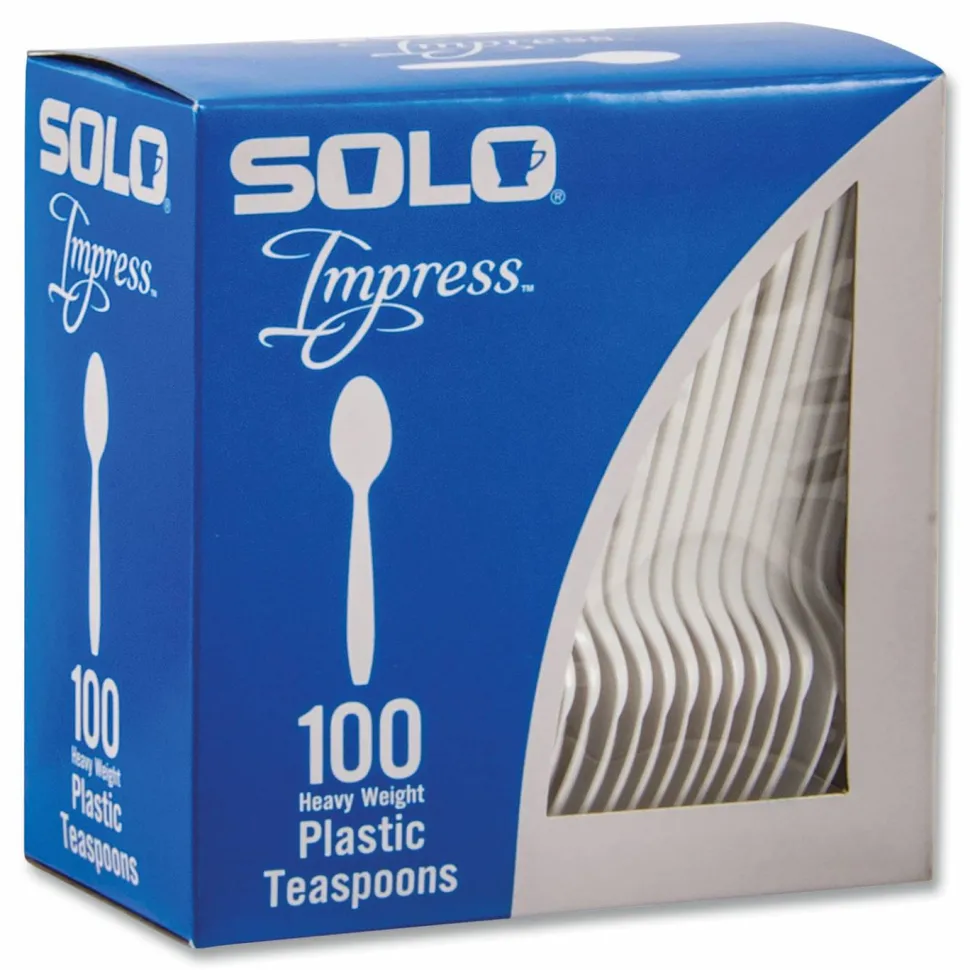 SOLO Impress Heavyweight Full-Length Polystyrene Cutlery, Spoon, Plastic, White, 100/Box