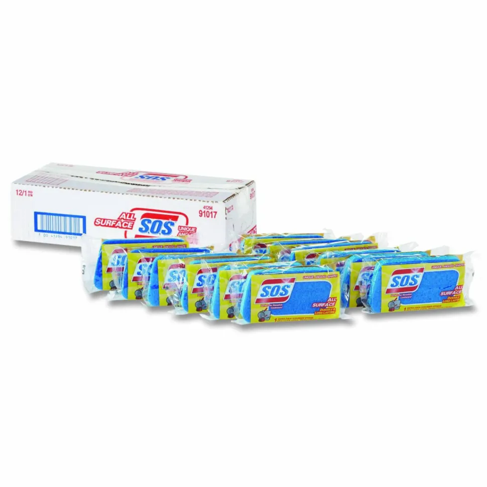 S.O.S. All Surface Scrubber Sponge, 2.5 x 4.5, 0.9" Thick, Dark Blue/Light Blue, 12/Carton