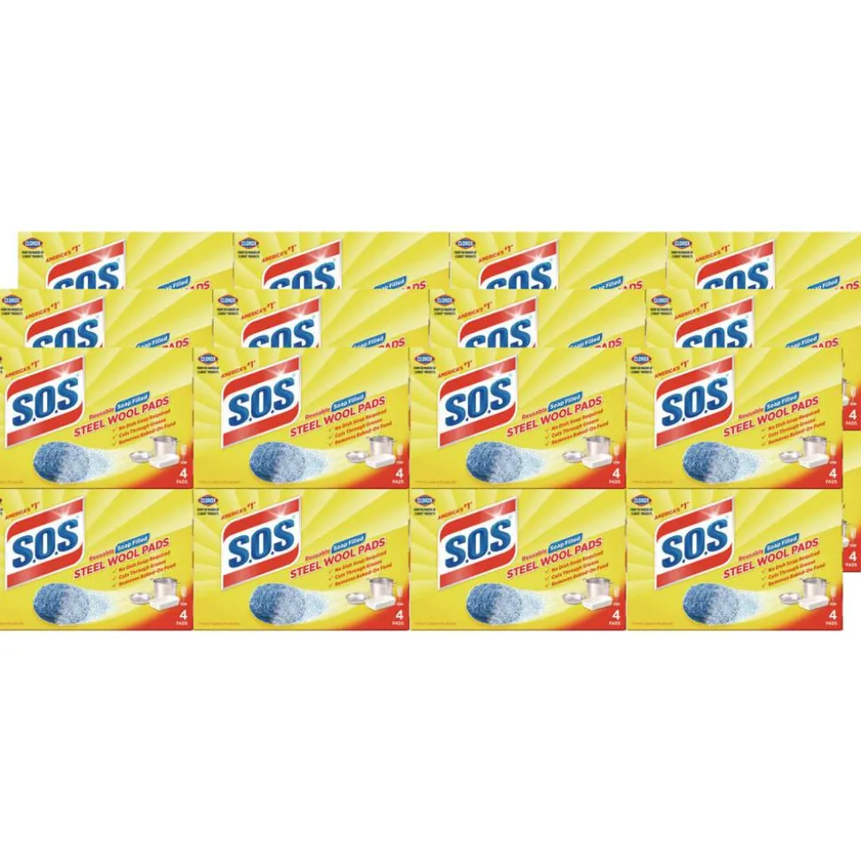 S.O.S. Steel Wool Soap Pads, Steel, 4/Box, 24 Boxes/Carton
