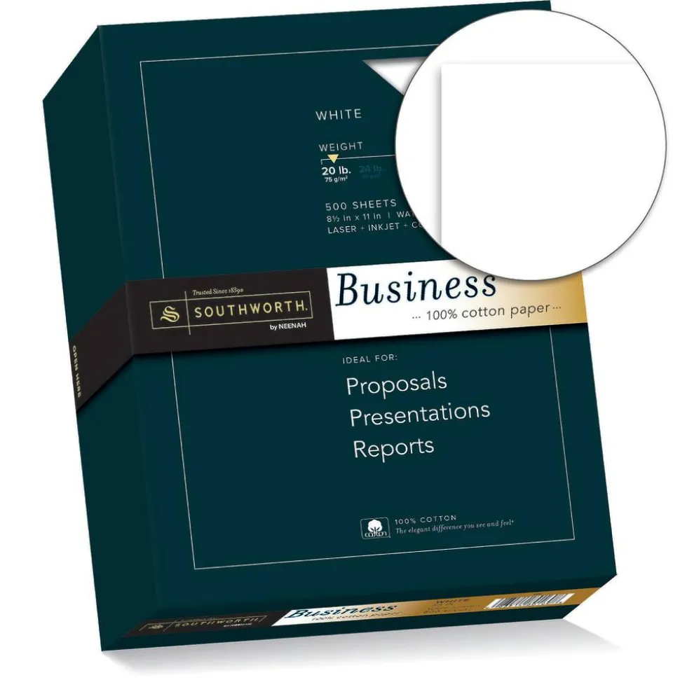 Southworth 100% Cotton Business Multi-Use Printer & Copy Paper, 1 Ream, White, Letter (8.5" x 11"), 500 Sheets Per Ream, 20 Lb, 94 Brightness